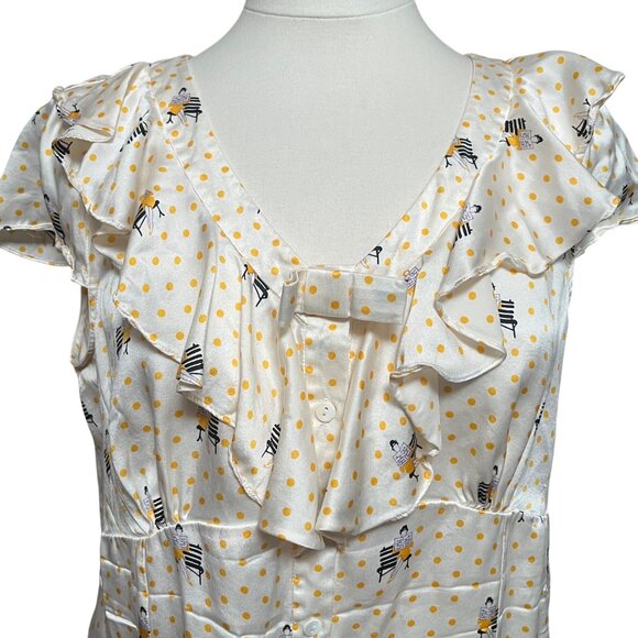 Luisa Spagnoli Silk Blouse Ruffle Bow Yellow Polka Dot Graphic Short Sleeve 48 - Picture 4 of 8